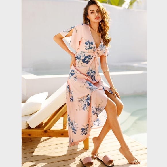 Rouge! Dresses & Skirts - Boho Floral Long Dress Twist Front Pink